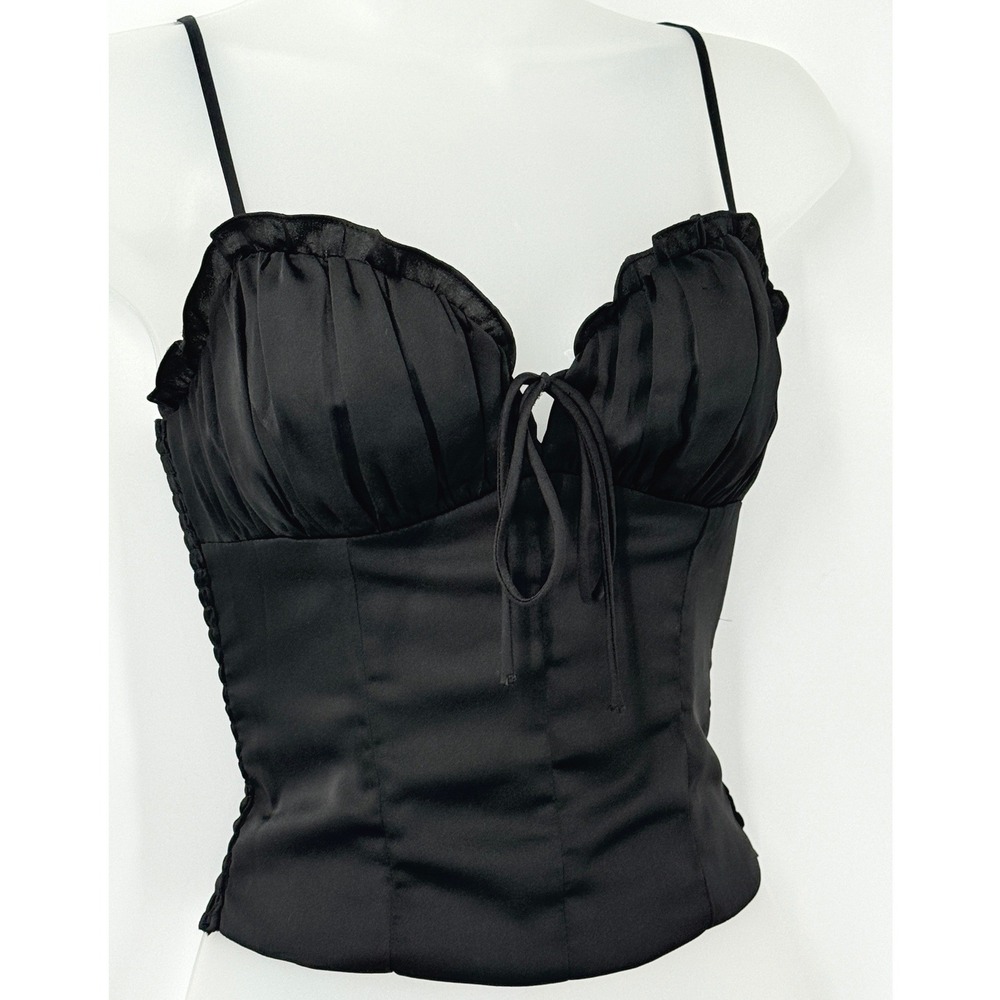 Black Satin corset Cami Top Womens sz XS Ruffle Smocked whimsigoth goth